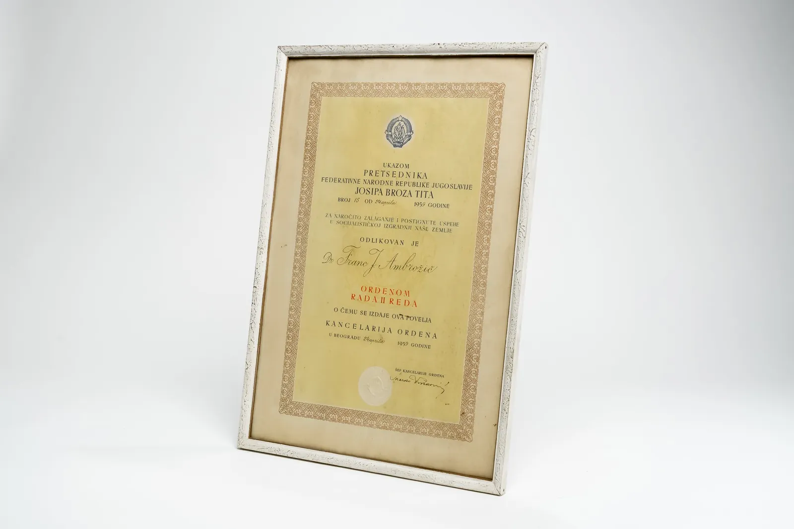 Diploma Orden rada II reda dr. Franca Ambrožiča